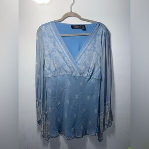 New York City Design Co Blue BOHO Fairy whimsical Silk Tunic Blouse VTG L EUC